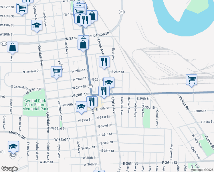 map of restaurants, bars, coffee shops, grocery stores, and more near 2602 Elyria Avenue in Lorain