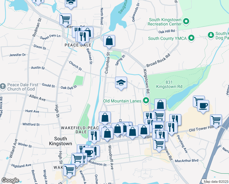 map of restaurants, bars, coffee shops, grocery stores, and more near 215 Columbia Street in South Kingstown