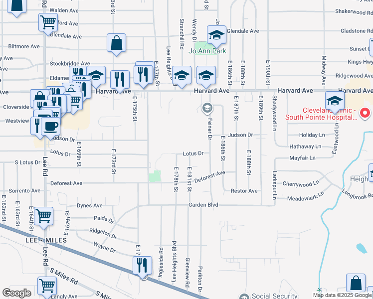 map of restaurants, bars, coffee shops, grocery stores, and more near 18109 Lotus Drive in Cleveland