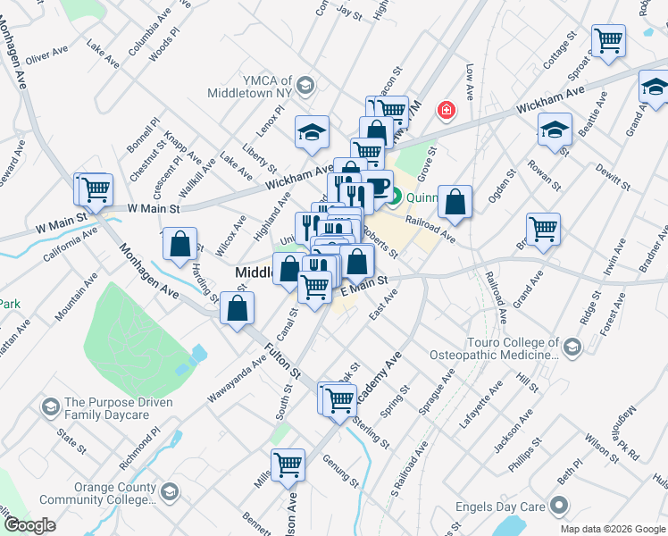 map of restaurants, bars, coffee shops, grocery stores, and more near 53 North Street in Middletown