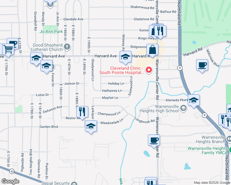 map of restaurants, bars, coffee shops, grocery stores, and more near 19603 Hathaway Lane in Warrensville Heights