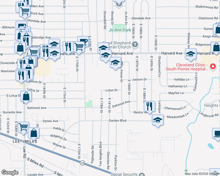 map of restaurants, bars, coffee shops, grocery stores, and more near 18109 Lotus Drive in Cleveland