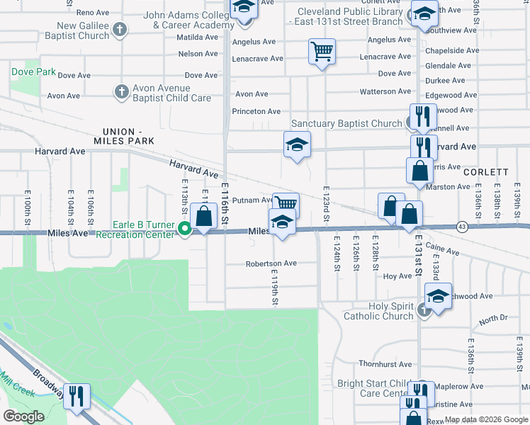 map of restaurants, bars, coffee shops, grocery stores, and more near 4135 East 119th Street in Cleveland