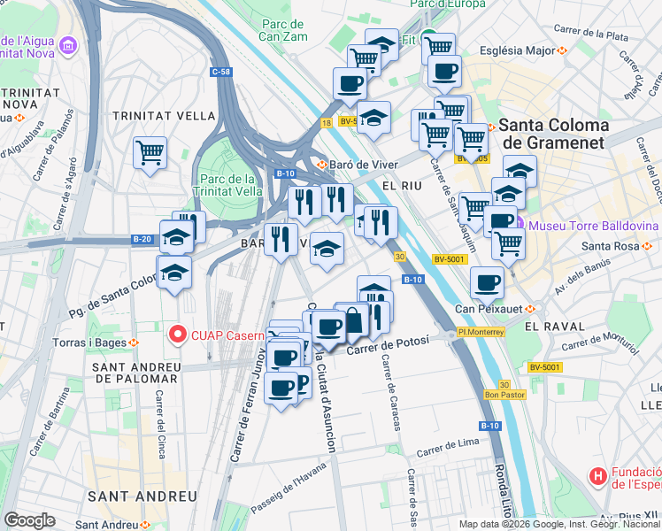 map of restaurants, bars, coffee shops, grocery stores, and more near 8 Carrer de Quito in Barcelona