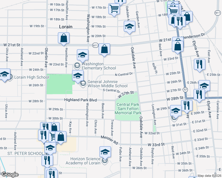 map of restaurants, bars, coffee shops, grocery stores, and more near 832 South Central Drive in Lorain