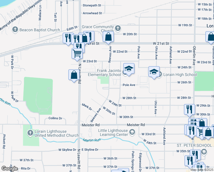 map of restaurants, bars, coffee shops, grocery stores, and more near 2600 Reeves Avenue in Lorain