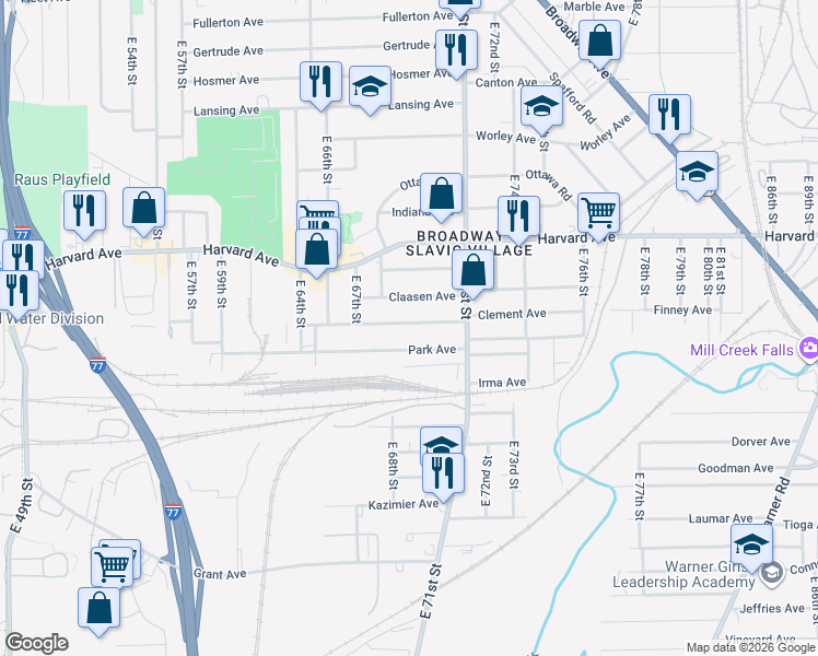 map of restaurants, bars, coffee shops, grocery stores, and more near 6826 Clement Avenue in Cleveland