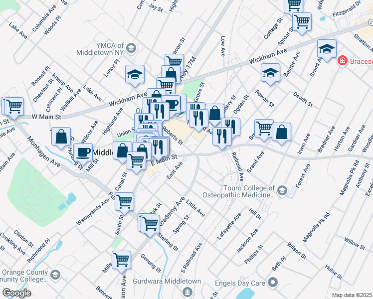 map of restaurants, bars, coffee shops, grocery stores, and more near 11 Roberts Street in Middletown