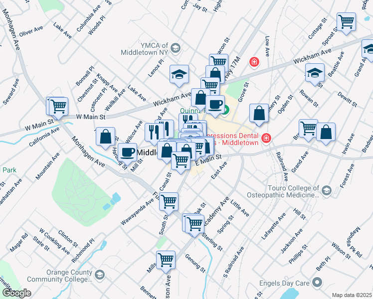 map of restaurants, bars, coffee shops, grocery stores, and more near 42 James Street in Middletown