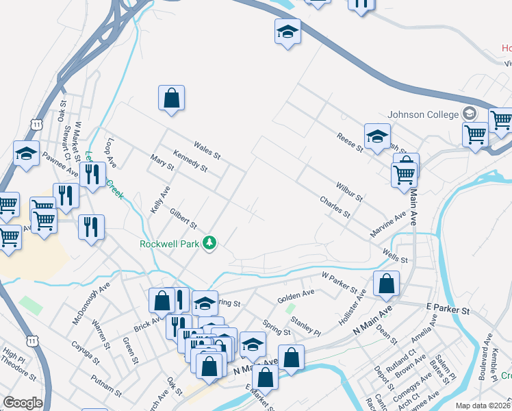 map of restaurants, bars, coffee shops, grocery stores, and more near 450 Mary St in Scranton