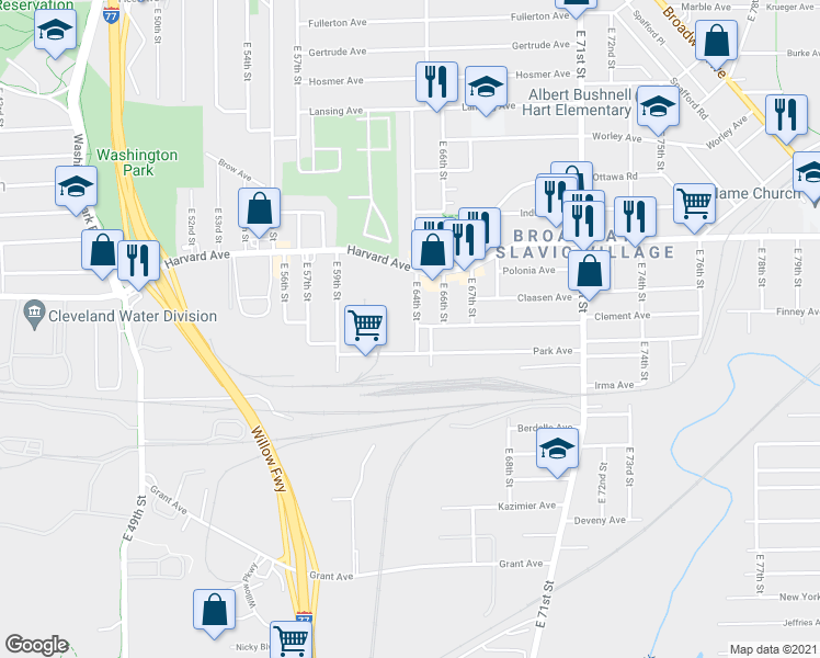 map of restaurants, bars, coffee shops, grocery stores, and more near 4097 East 64th Street in Cleveland