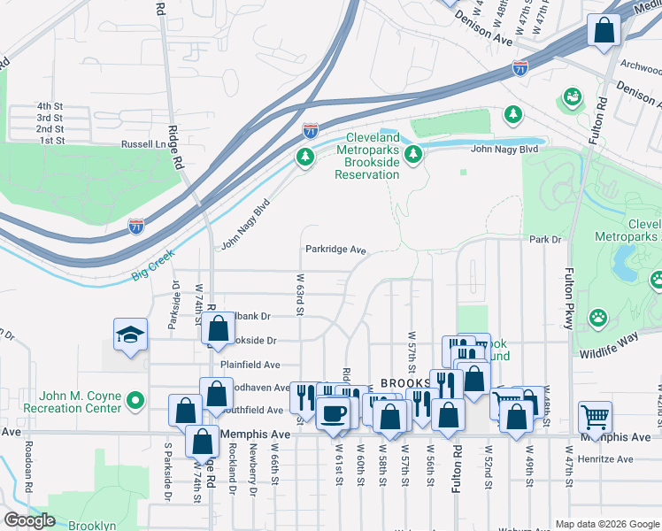 map of restaurants, bars, coffee shops, grocery stores, and more near 6015 Parkridge Avenue in Cleveland