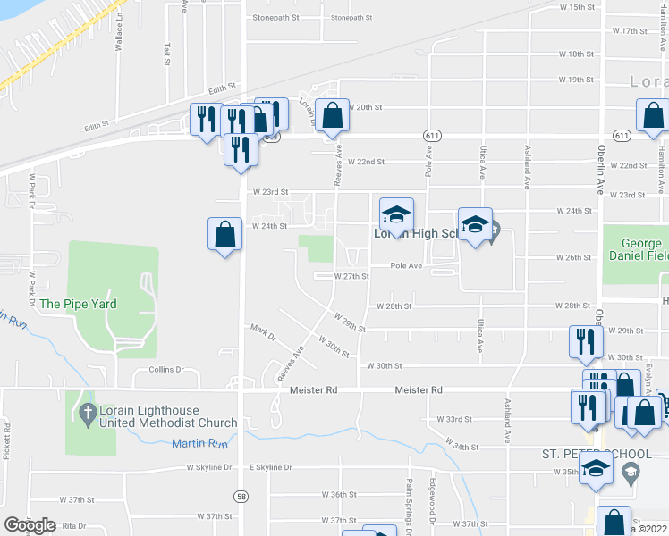 map of restaurants, bars, coffee shops, grocery stores, and more near 2600 Reeves Avenue in Lorain