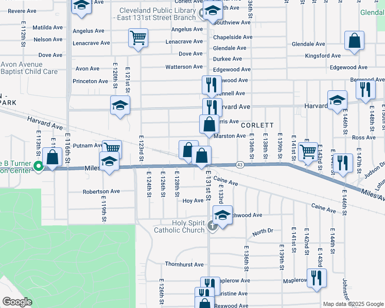 map of restaurants, bars, coffee shops, grocery stores, and more near 4158 East 131st Street in Cleveland