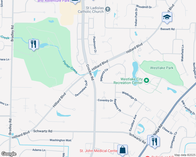map of restaurants, bars, coffee shops, grocery stores, and more near 29316 Regency Circle in Westlake