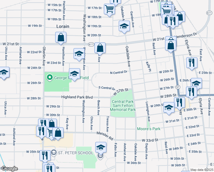 map of restaurants, bars, coffee shops, grocery stores, and more near 826 South Central Drive in Lorain