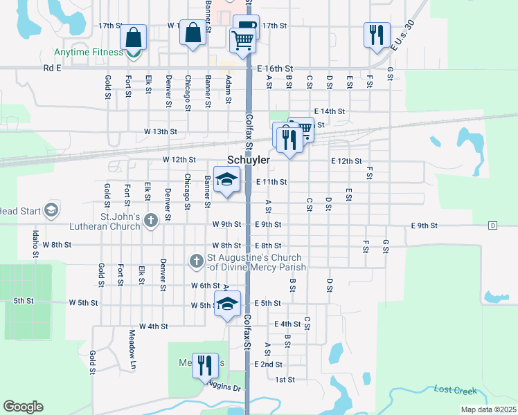 map of restaurants, bars, coffee shops, grocery stores, and more near 104 East 10th Street in Schuyler