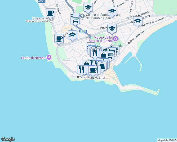 map of restaurants, bars, coffee shops, grocery stores, and more near 2A Via del Risorgimento in Anzio