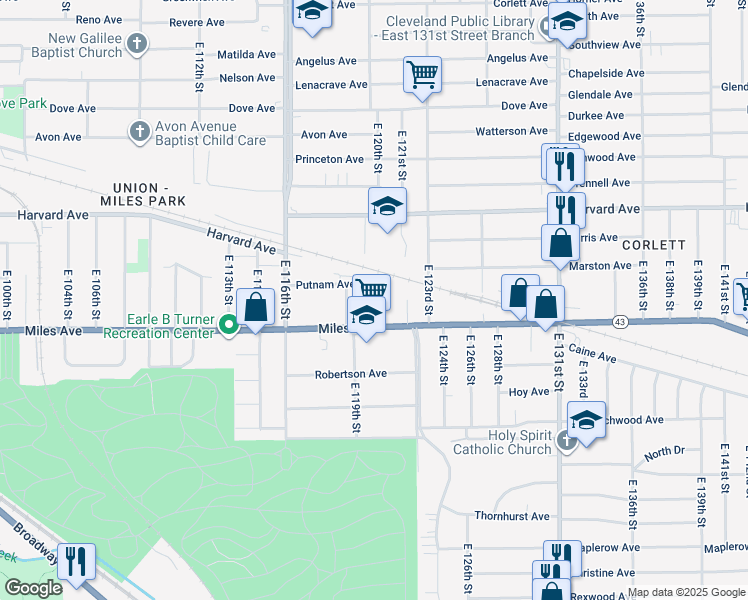 map of restaurants, bars, coffee shops, grocery stores, and more near 4137 East 120th Street in Cleveland