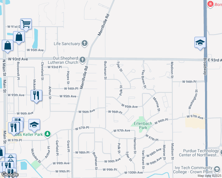 map of restaurants, bars, coffee shops, grocery stores, and more near 1538 W 95th Ln in Crown Point