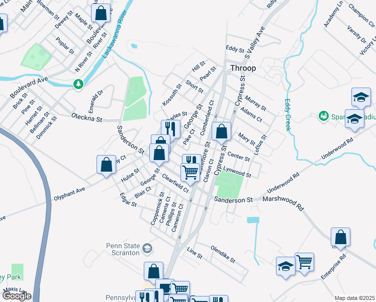 map of restaurants, bars, coffee shops, grocery stores, and more near Elk Ct in Throop