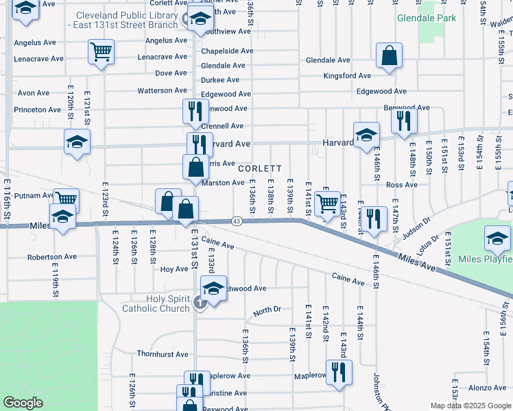 map of restaurants, bars, coffee shops, grocery stores, and more near 4142 East 138th Street in Cleveland