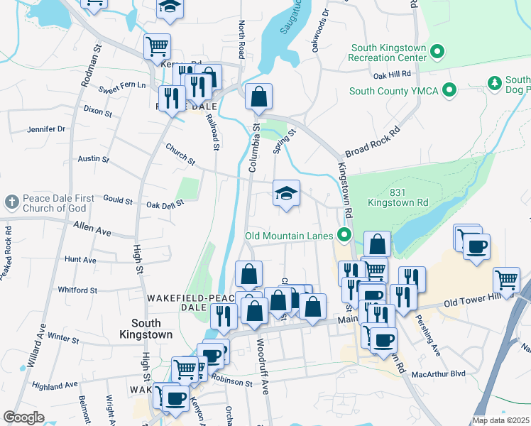 map of restaurants, bars, coffee shops, grocery stores, and more near 215 Columbia Street in South Kingstown