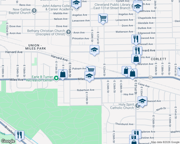 map of restaurants, bars, coffee shops, grocery stores, and more near 4135 East 119th Street in Cleveland