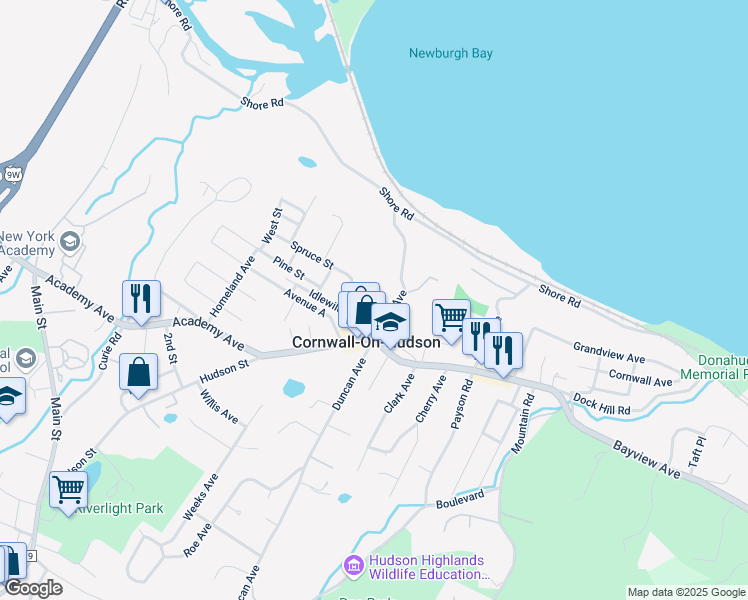 map of restaurants, bars, coffee shops, grocery stores, and more near 9 Spruce Street in Cornwall-on-Hudson