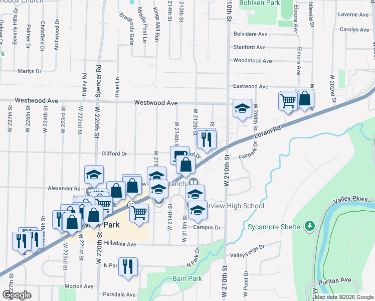 map of restaurants, bars, coffee shops, grocery stores, and more near 21280 Clifford Drive in Fairview Park