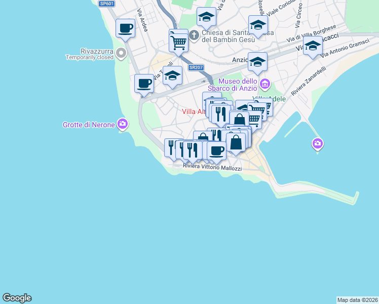 map of restaurants, bars, coffee shops, grocery stores, and more near 18 Via Luigi Mazza in Anzio