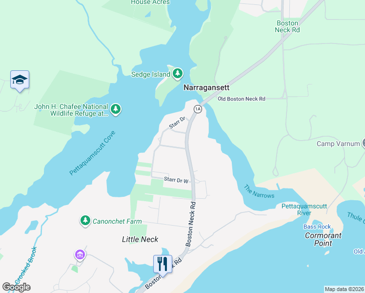 map of restaurants, bars, coffee shops, grocery stores, and more near in Narragansett