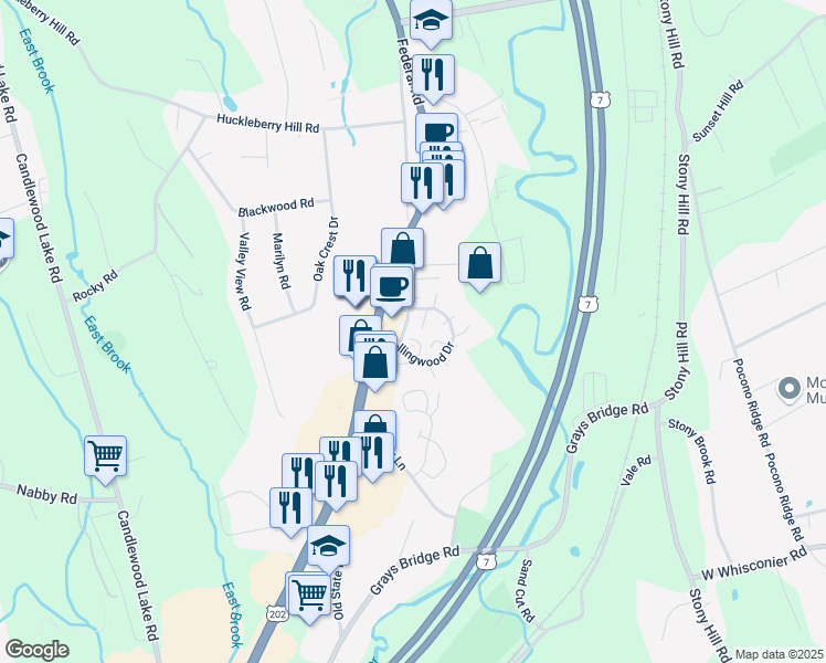 map of restaurants, bars, coffee shops, grocery stores, and more near 2 Tara Drive in Brookfield