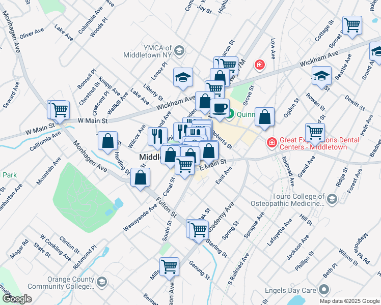 map of restaurants, bars, coffee shops, grocery stores, and more near 42 James Street in Middletown