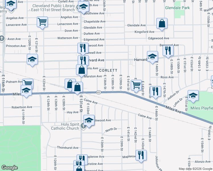 map of restaurants, bars, coffee shops, grocery stores, and more near 4142 East 136th Street in Cleveland