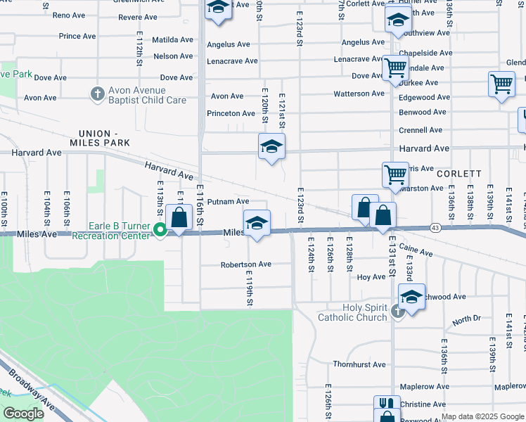 map of restaurants, bars, coffee shops, grocery stores, and more near 4137 East 120th Street in Cleveland