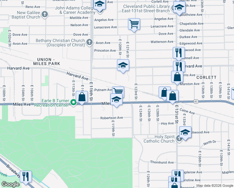 map of restaurants, bars, coffee shops, grocery stores, and more near 4135 East 119th Street in Cleveland