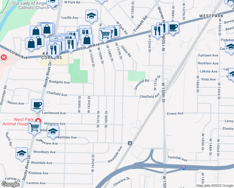 map of restaurants, bars, coffee shops, grocery stores, and more near 3978 West 158th Street in Cleveland