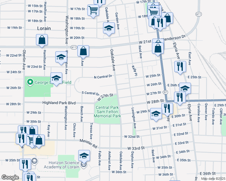 map of restaurants, bars, coffee shops, grocery stores, and more near 617 West 25th Street in Lorain