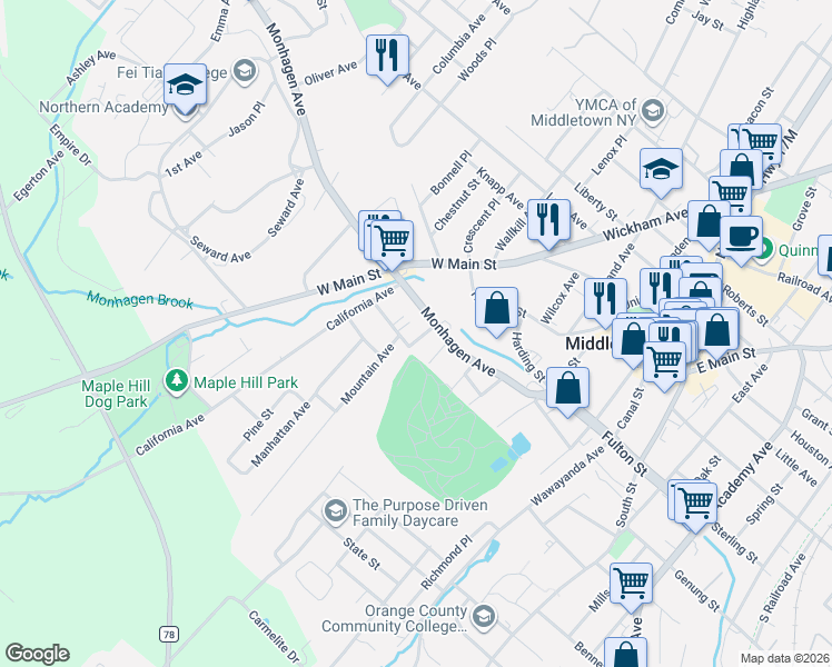 map of restaurants, bars, coffee shops, grocery stores, and more near 77 New York 17M in Middletown