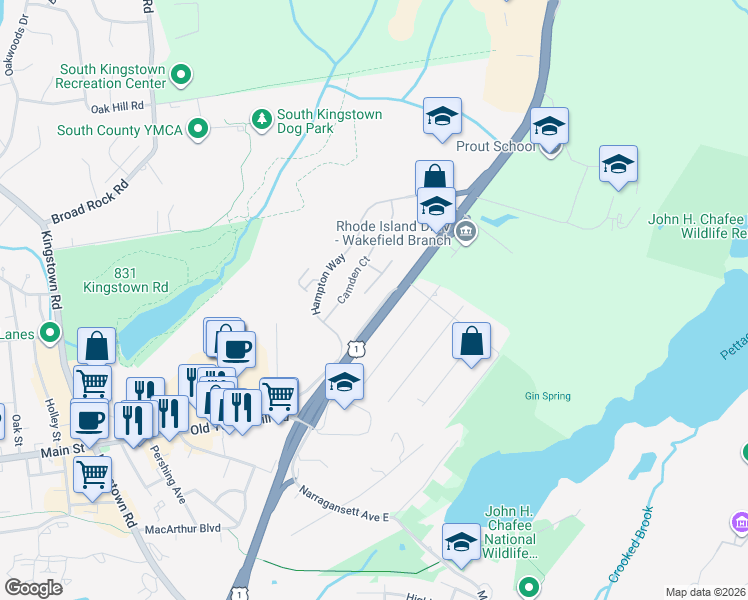 map of restaurants, bars, coffee shops, grocery stores, and more near 4943 Tower Hill Road in South Kingstown