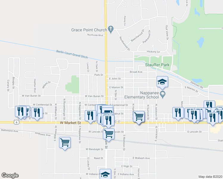 map of restaurants, bars, coffee shops, grocery stores, and more near 107 East Marion Street in Nappanee