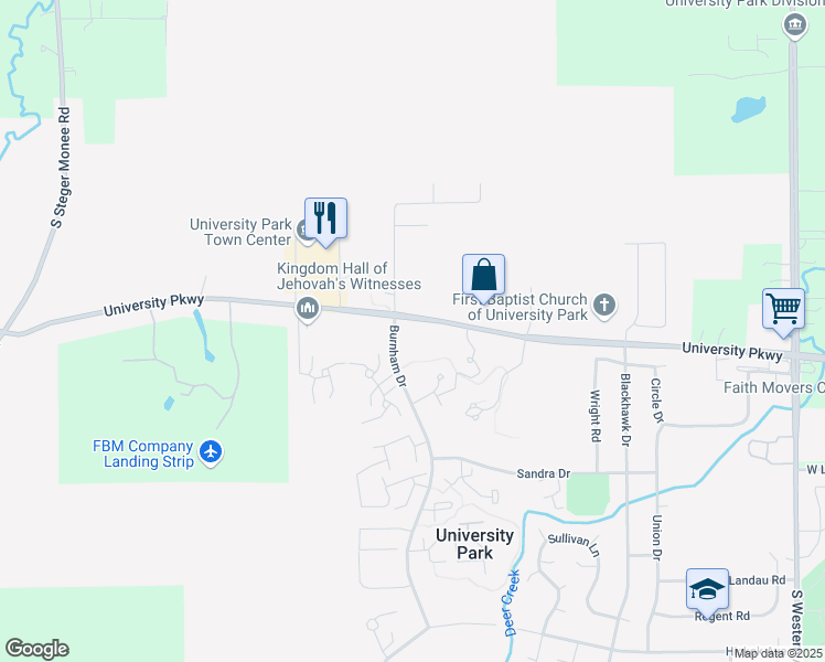 map of restaurants, bars, coffee shops, grocery stores, and more near 749 Burnham Drive in University Park