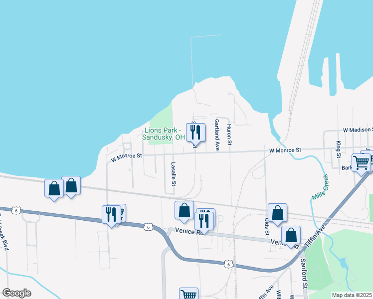 map of restaurants, bars, coffee shops, grocery stores, and more near 3213 West Monroe Street in Sandusky