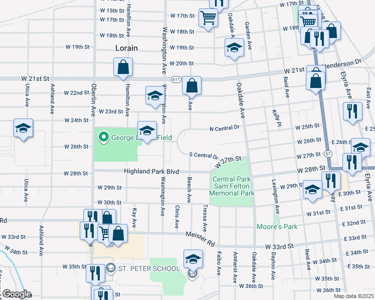 map of restaurants, bars, coffee shops, grocery stores, and more near 904 South Central Drive in Lorain