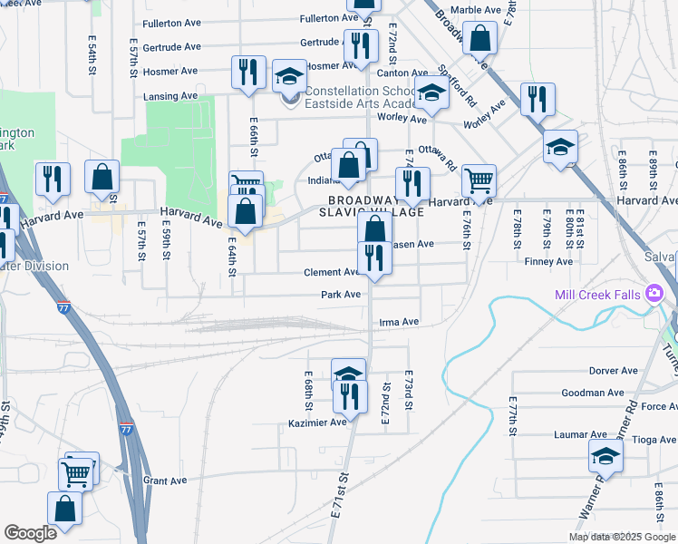 map of restaurants, bars, coffee shops, grocery stores, and more near Clement Avenue in Cleveland