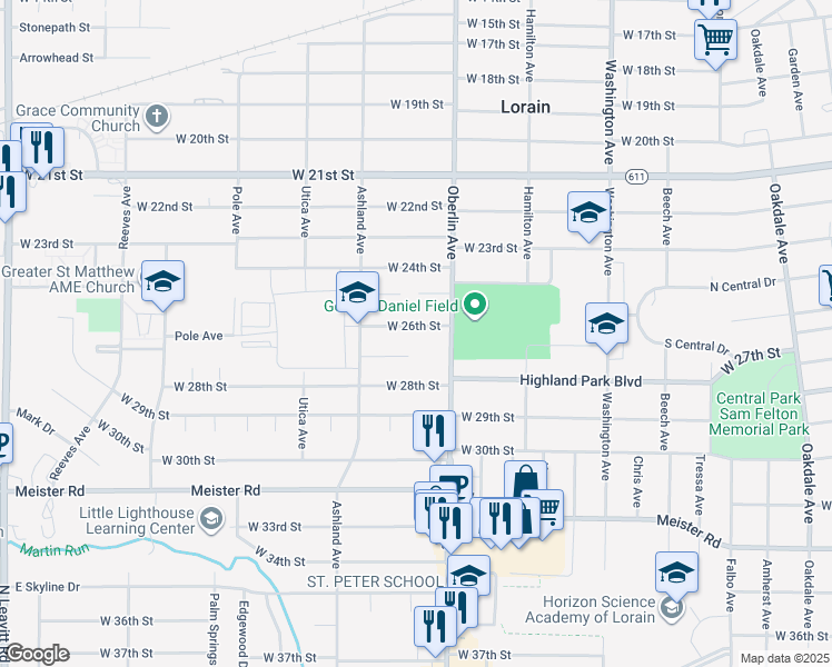 map of restaurants, bars, coffee shops, grocery stores, and more near 1225 West 26th Street in Lorain