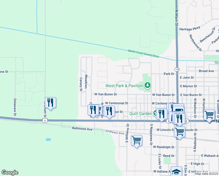 map of restaurants, bars, coffee shops, grocery stores, and more near 501-599 Heather Blvd in Nappanee