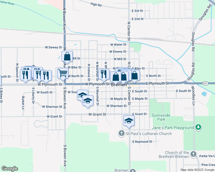 map of restaurants, bars, coffee shops, grocery stores, and more near 350-398 W Plymouth St in Bremen