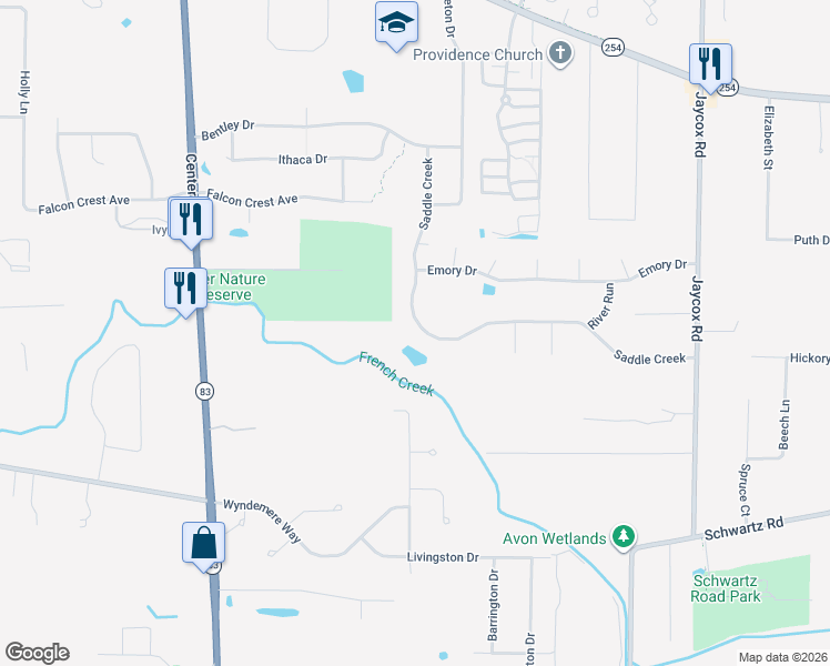 map of restaurants, bars, coffee shops, grocery stores, and more near 35401 Saddle Creek in Avon